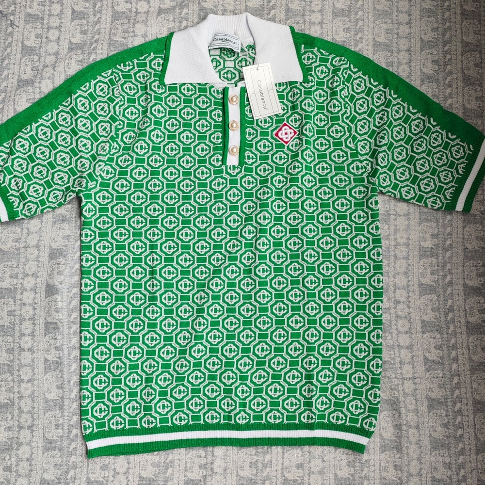 Cassette Club Green Geometric Knit Polo with White Trim - Picture 1 of 7